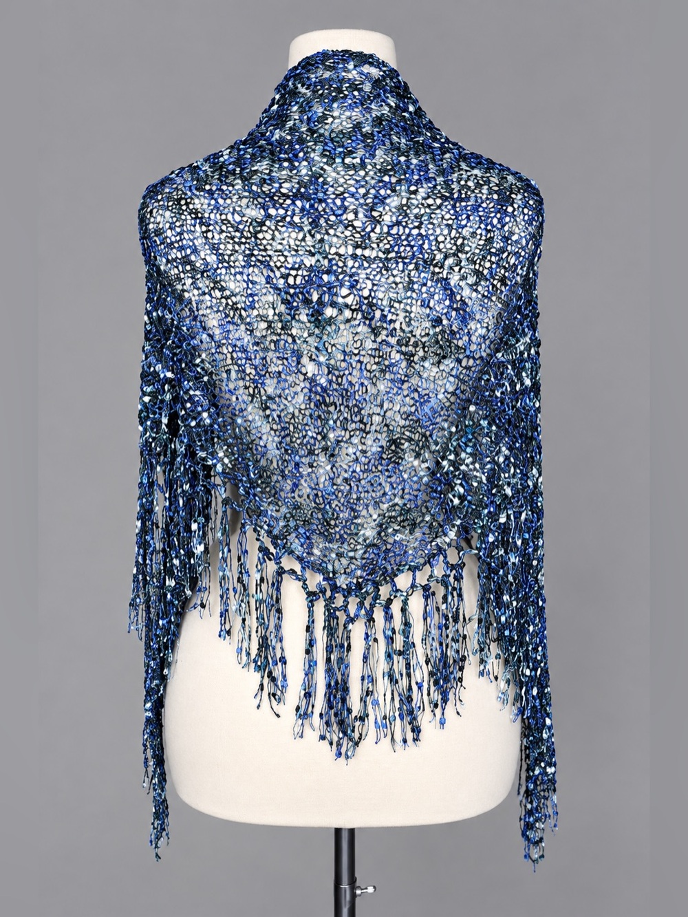Blue Teal Open Knit Triangle Shawl Wrap Fringe Ribbon Yarn Boho Evening Scarf